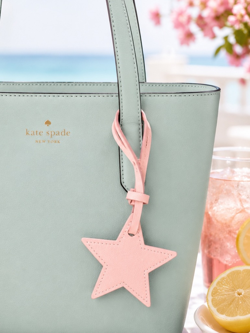 Peach/Pale Pink Star Bag Charm Keychain Leather Look Luggage Tag Purse Accessory